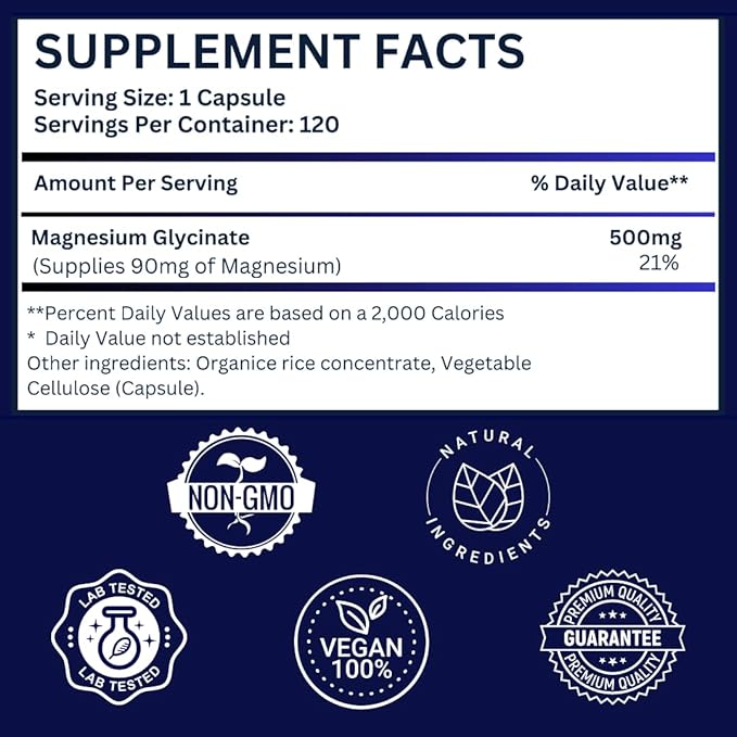 Magnesium Glycinate 500mg Pure Night Sleep, 120 Capsules, High Absorption - Non-GMO, Gluten Free, Vegan, Organic - Supplement for Sleep, Heart Health Nerves, Bones, Muscles - Massive 4 Month Supply