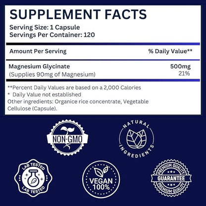 Magnesium Glycinate 500mg Pure Night Sleep, 120 Capsules, High Absorption - Non-GMO, Gluten Free, Vegan, Organic - Supplement for Sleep, Heart Health Nerves, Bones, Muscles - Massive 4 Month Supply