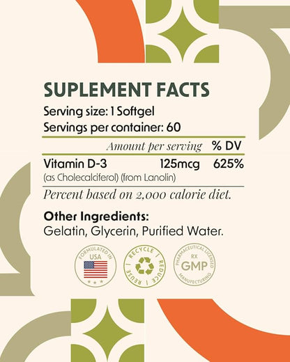 Alpha & Omega Nutrition Vitamin D3 125 mcg (5,000 IU) - Supplement to Support Bone, Joint, Breast, Heart, Colon, and Immune Health - with Vitamin D - 60 Softgels, 2 Month Supply