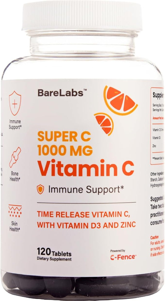 Super C – Time Release Vitamin C 1000mg, D3 1000iu, Zinc 30mg – 24-Hour Immune Support, Skin & Hair Health – Non-GMO – 120 Tablets