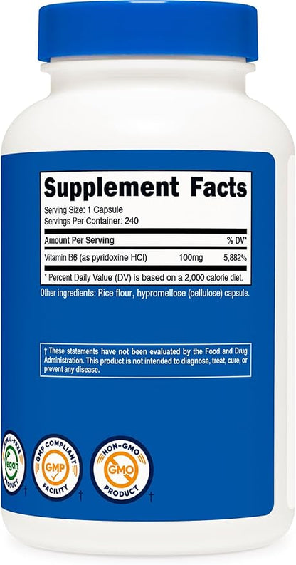 Nutricost Vitamin B6 (Pyridoxine HCl) 100mg, 240 Capsules