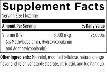 Designs for Health B12 Tricobalamin Lozenges - 3000mcg Triple B12 Quick Dissolve Tablets with Methylcobalamin, Adenosylcobalamin + Hydroxocobalamin - Natural Orange Flavor (60 Lozenges)