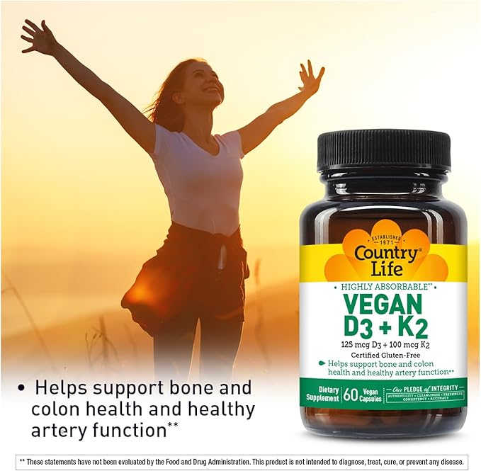 Country Life Vegan D3 + K2 – 5000 IU Vitamin D3 & 100 mcg MK-4 & MK-7 | Supports Bone, Immune, Colon & Artery Health | Certified Vegan, Gluten-Free, B-Corp, 60 Capsules
