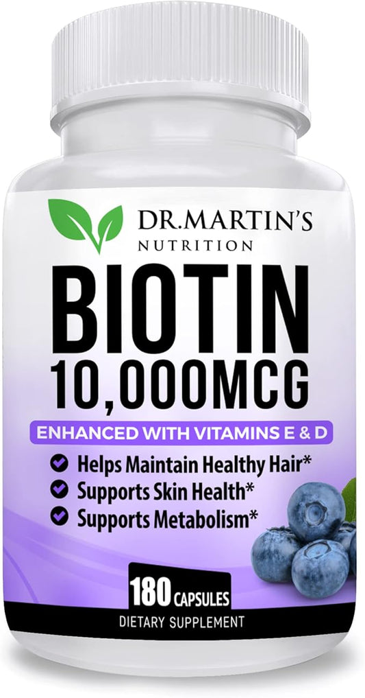 Potent Biotin (Vitamin B7) 10,000 mcg with Vitamins D & E Supplement | 180 Count | Hair, Skin And Nails | For Thicker & Stronger Hair Growth | Healthy, Youthful Skin & Strong Nails | Energy Support