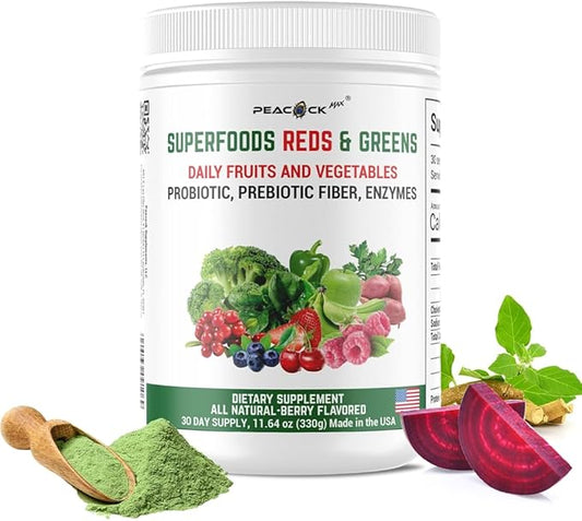 Superfood Reds & Greens Powder - 11.64 oz, Prebiotics & Probiotics for Digestive Health, Super Greens Powder with Ashwagandha for Gut Health, Immunity, Antioxidants, Vegan, Non-GMO