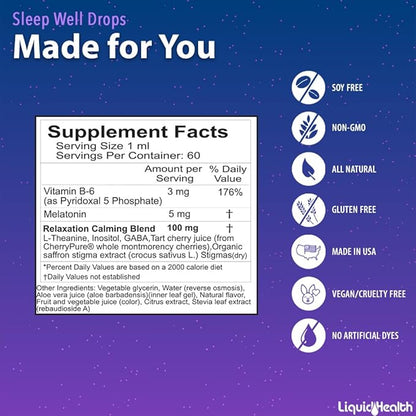 LIQUIDHEALTH Sleep Well Natural Sleep Aid Melatonin Drops - Better Sleep & Mood, Relax & Calm Mind, Fall Asleep Faster Stay Asleep Longer - Made in USA, Vegan, Sugar Free, Drug Free, Non-GMO (3 Pack)