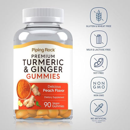 Piping Rock Turmeric and Ginger Gummies | 90 Count | Peach Flavor | Vegan Formula | Non-GMO, Gluten Free Supplement