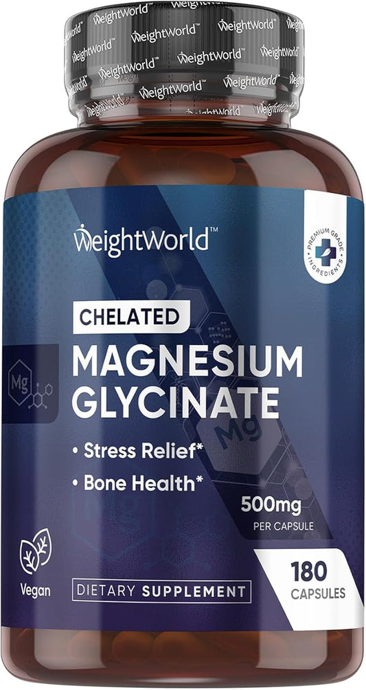 WeightWorld Chelated Magnesium Glycinate Capsules 500mg - 180 Capsules (6 Months Supply) - Magnesium Supplement High Absorption - Vegan & Gluten-Free Magnesium Pills