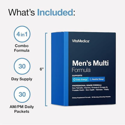 VitaMedica Men’s Multivitamin with Prostate Health Support | Vitamins, Minerals, Omega3s and Saw Palmetto | Box of 30 Easy Daily Packs | Supports Natural Energy and Sleep | Muscle, Joint Health