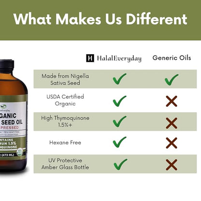 HalalEveryDay Organic Black Seed Oil - USDA Certified, Cold Pressed Glass Bottle 16oz - Over 1.5% Thymoquinone Turkish Black Cumin Nigella Sativa Non-GMO 100% Pure Blackseed Oil