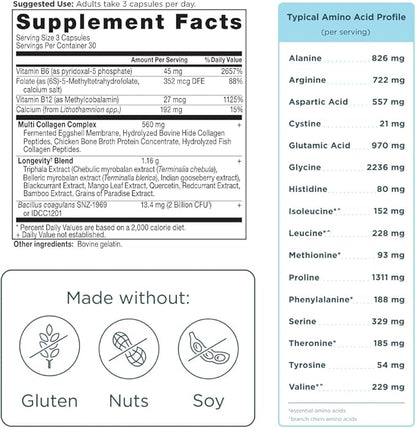 Ancient Nutrition Multi Collagen Advanced Longevity with Probiotics, Hydrolyzed Collagen Peptides Promotes Healthy Aging and Cellular Energy, 90 Count