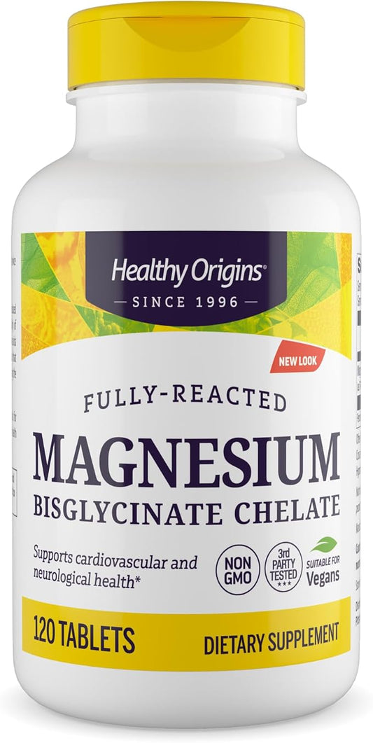 Healthy Origins Magnesium Bisglycinate Chelate (Albion Minerals, Non-GMO, Gluten Free, Cardiovascular Support, Bone Support, Neurological Support, Vegan), 120 Tablets