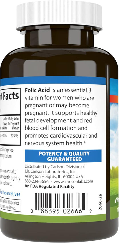Carlson - Folic Acid, 800 mcg, Provides Important Prenatal Support, 1000 tablets