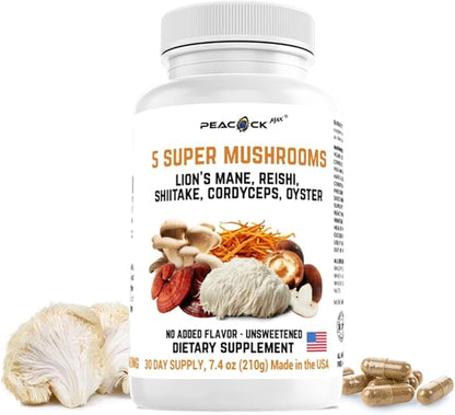 5 Mushrooms Supplement, 180 Count – Lion's Mane, Reishi, Shiitake, Cordyceps, Oyster Immune & Brain Supplement for Memory and Focus, Dietary Supplement for Energy