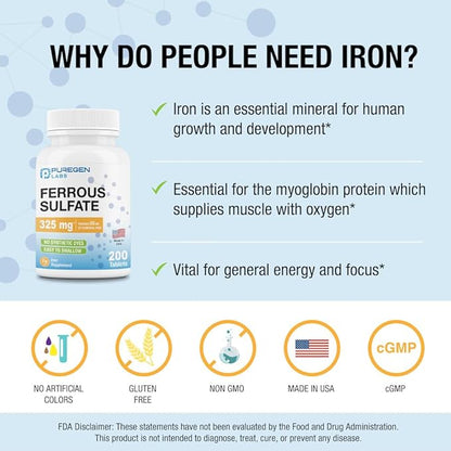 Puregen Labs Ferrous Sulfate 325 mg (65 mg Elemental Iron) High Potency Iron Supplement | No Artificial Color Additives - 200 Tablets Made in USA