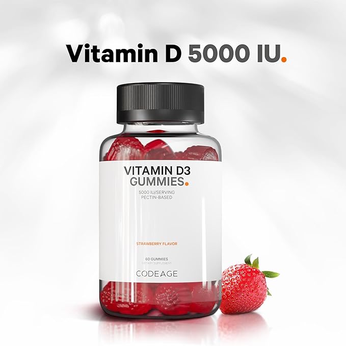 Codeage Vitamin D3 Gummy Vitamins, Vitamin D3 5000 IU Gummies Cholecalciferol 125 mcg - 2-Month Supply - Soft Pectin-Based, Animal Gelatin-Free Vitamins Gummy, Strawberry, Gluten-Free - 60 Gummies