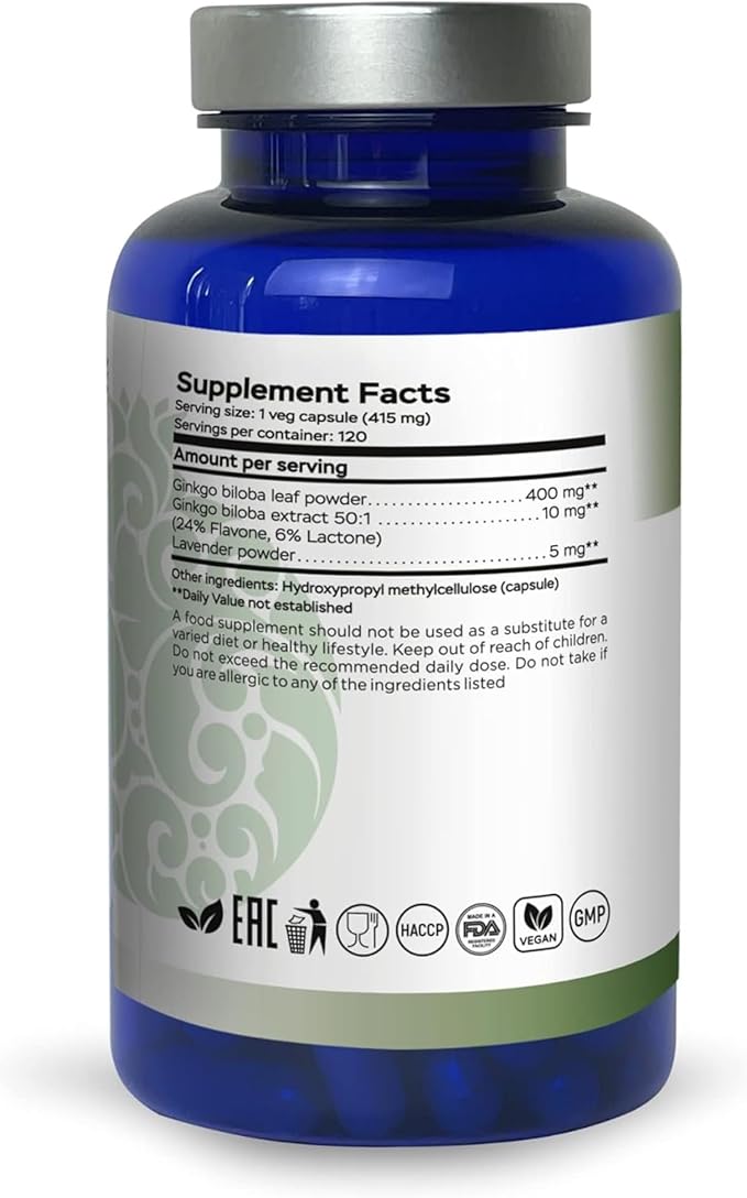 Ginkgo Biloba Support Brain Function, Supplements for Memory and Focus, Natural Antioxidant-Rich, Promotes Overall Health, 120 Vegetarian Capsules, GMP
