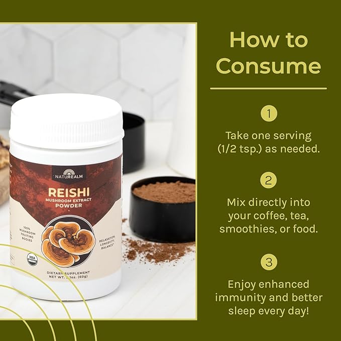 Naturealm Reishi Mushroom Powder Supplement - Organic Reishi Mushroom Extract Powder for Wellness & Cognitive Support - 60-Day Supply with Red Reishi Mushrooms