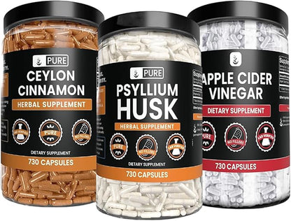 PURE ORIGINAL INGREDIENTS Psyllium Husk, Ceylon Cinnamon, & Apple Cider Vinegar Bundle, 730 Capsules Each, Lab Verified