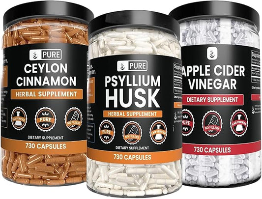 PURE ORIGINAL INGREDIENTS Psyllium Husk, Ceylon Cinnamon, & Apple Cider Vinegar Bundle, 730 Capsules Each, Lab Verified