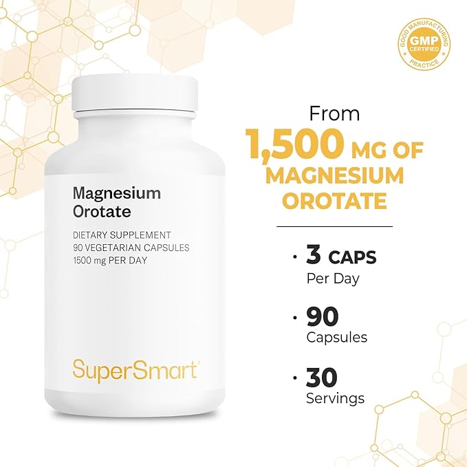 SuperSmart - Magnesium Orotate 1500mg per Day - High Absorption Magnesium Supplement | Non GMO & Gluten Free - 90 * 3 Vegetarian Capsules
