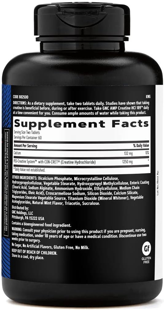 GNC AMP Creatine HCl 189 Pills, Clinically Proven Strength & Muscle Builder, Athletic Performance, Energy Production, Recovery Supplement, Fast Absorbing, Gluten Free Formula, 60 Servings