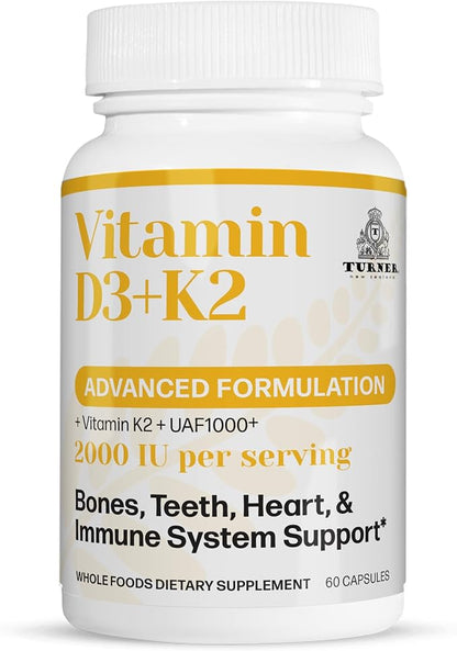 TURNER Vitamin D3 (2000IU) Plus K2 (80mcg), 2 in 1 Formula, Vitamin D3 Liquid with Vitamin K2, 60 Soft-Gels, Support Heart, Teeth & Joint Health, Easy to Swallow