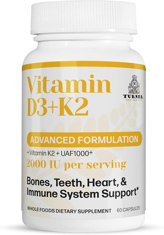 TURNER Vitamin D3 (2000IU) Plus K2 (80mcg), 2 in 1 Formula, Vitamin D3 Liquid with Vitamin K2, 60 Soft-Gels, Support Heart, Teeth & Joint Health, Easy to Swallow