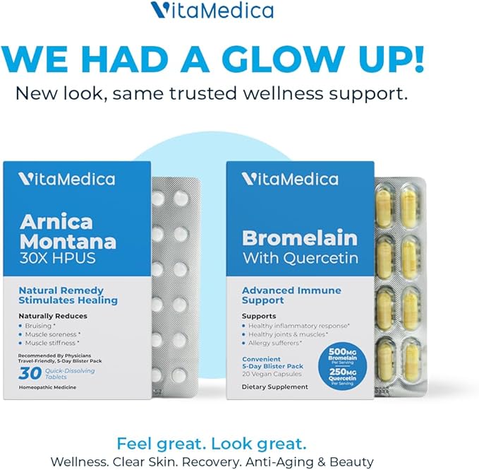 VitaMedica Arnica and Bromelain Blister Packs Bundle | for Post Surgery and Muscle Recovery | Bruise Relief | Plant Based Natural Formulas | 2 Product Bundle for Healing Support | 5 Day Supply