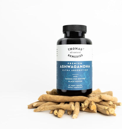 Thomas' all-natural Remedies Organic Ashwagandha Stress Support Supplement, Mood & Energy Support, Pure Ashwagandha 1000mg, Ultra Absorption with Black Pepper, Vegan, No fillers