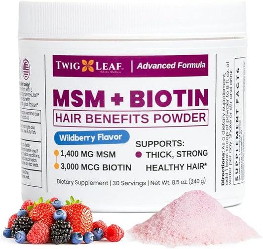 MSM + Biotin Hair Benefits Powder - Hair Growth MSM Supplement for Women & Men - Biotin & Vitamin C Blend - Wildberry MSM Powder for Hair Volume & Strength - Gluten-Free - 30 Servings (8.5 Oz)