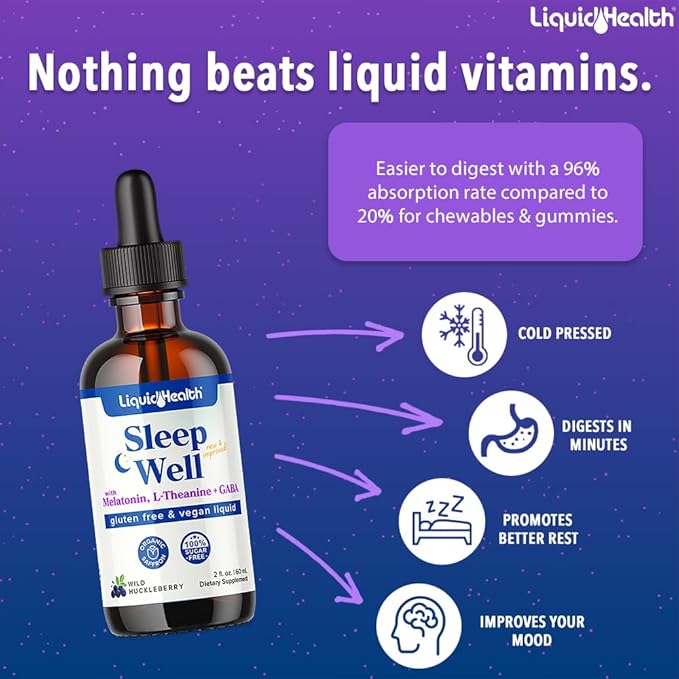 LIQUIDHEALTH Sleep Well Melatonin Drops & Calcium and Magnesium Liquid Joint Supplement Bundle - Natural Herbal Sleep Aid, Promotes Relaxation, Bone, Tissue, & Joint Support - USA Made, Vegan, Non-GMO