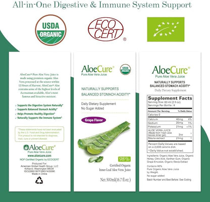 AloeCure USDA Organic Aloe Vera Juice Grape Flavor, Made Within 12 Hours of Harvest - Pure Aloe Vera Digestive & Immune Health Supplement, Helps Maintain Balanced Stomach Acidity, 16.7oz x 2 Btls