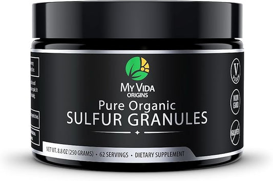 My Vida Origins Pure Organic Sulfur | 99% Pure MSM Granules Supports Skin, Hair, & Joint | Non-GMO, Vegan, Gluten Free (62 Servings) 2 Months Supply