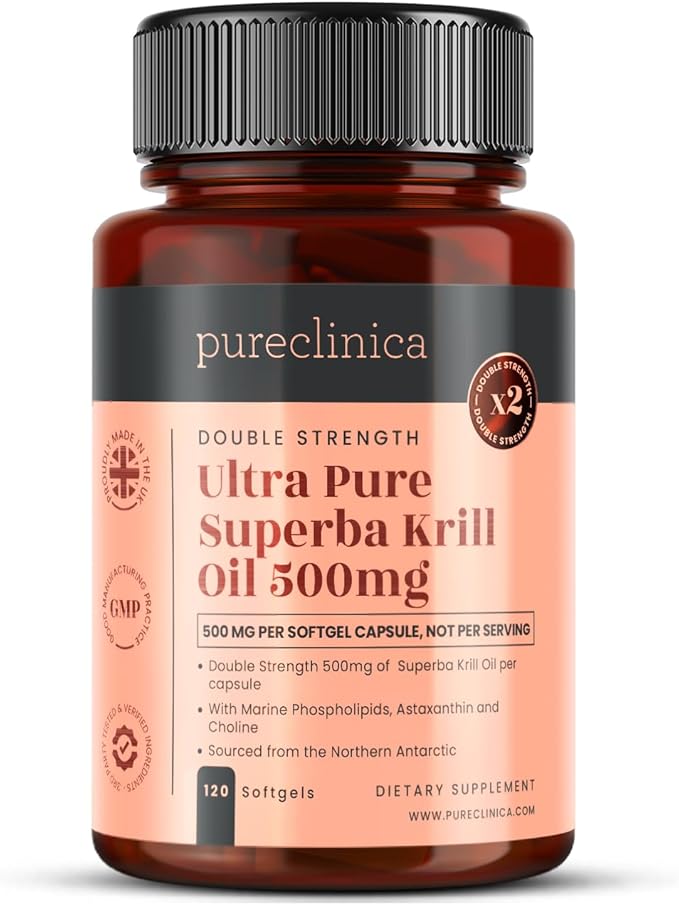 Ultra Pure Superba Krill Oil 500mg x 120 Capsules - Sourced in The Unpolluted Waters of Antarctic Providing a Rich Supply of Astaxanthin, Omega 3 and Vitamin D