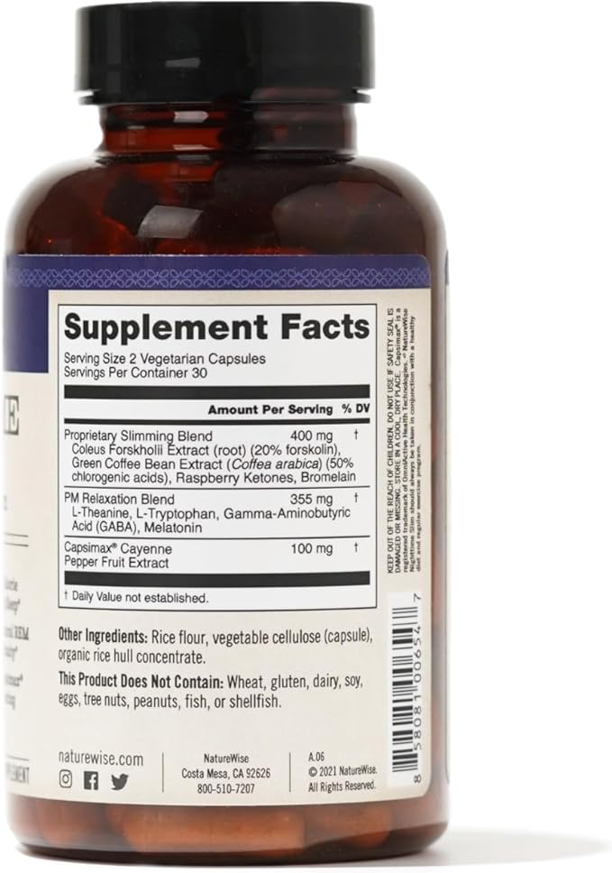 Naturewise Nighttime Fitness Support Supplement & Natural Sleep Aid with Cayenne Extract, Green Coffee Bean, GABA, L-Theanine - Vegetarian, Non-GMO - 60 Capsules[1-Month Supply]