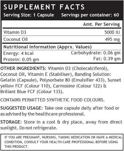 Cholecalciferol Vitamin D3 5000 IU with Coconut Oil for Back Pain Relief, Increased Energy Production, Immune Function, Heart Health, Joints & Muscle Building | Vegan GMP Tested - (60 Count)