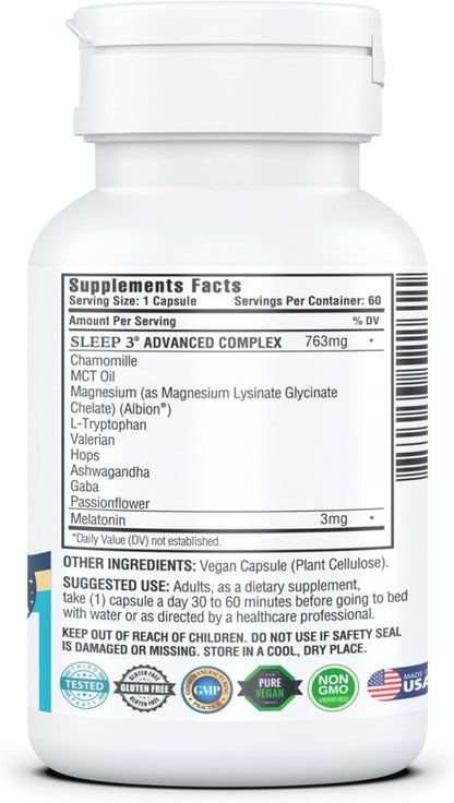 KAPPA NUTRITION Sleep 3, Sleep Aid, 3mg of Melatonin, 60-Day Supply, Non-Habit Forming Vegan Capsules Natural Ingredients for Easier Bedtime, Herbal Supplement, Valerian Root, Chamomile Non-GMO