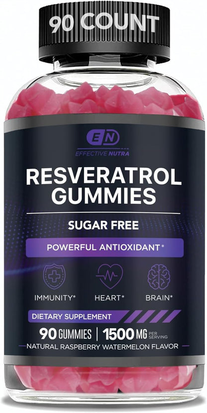 Resveratrol Gummies 1500mg | Sugar-Free Supplement for Antioxidant Support, Immunity, Heart Health, and Brain Function | 45-Day Supply, Natural Berry Flavor, Made in USA (90 Count)