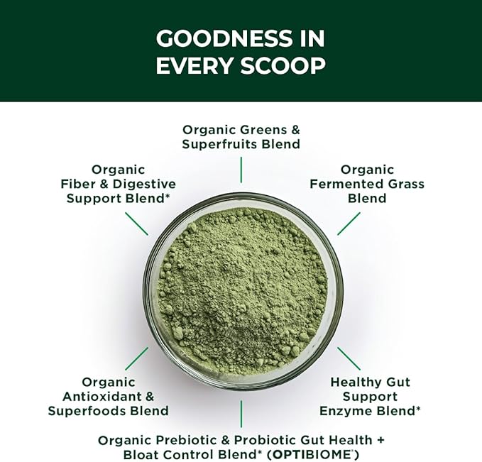 Green Biome - Elite Organic Greens Superfood + Daily OptiBiome Probiotic - Optimized to Promote Bloating Relief, Digestive Comfort + Regularity, Energy - Vegan. Gluten Free -Apple Flavor - 30 Servings