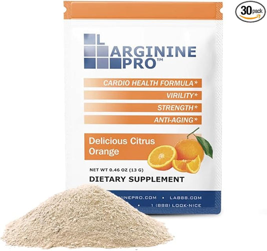 L-ARGININE PRO Supplement Powder | 30 Packets Single Serve Travel Size | 5,500mg of L-arginine Plus 1,100mg L-Citrulline, Orange