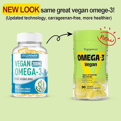 Vegan Omega-3 Algae DHA Supplements - 2000mg Algae Oil, Plant-Based Prenatal Algal DHA, 90 Carrageenan Free Softgels -Sustainable Fish Oil Alternative Supports Brain, Heart, Eyes, Joint Health