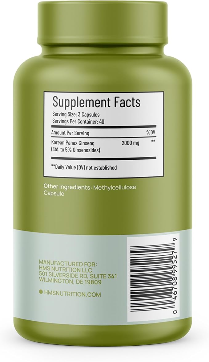 Korean Red Panax Ginseng 2000mg 120 Vegan Capsules Super Strength Extract NSF Certified Supplements, High Ginsenosides Supports Energy, Stamina, Performance and Clarity