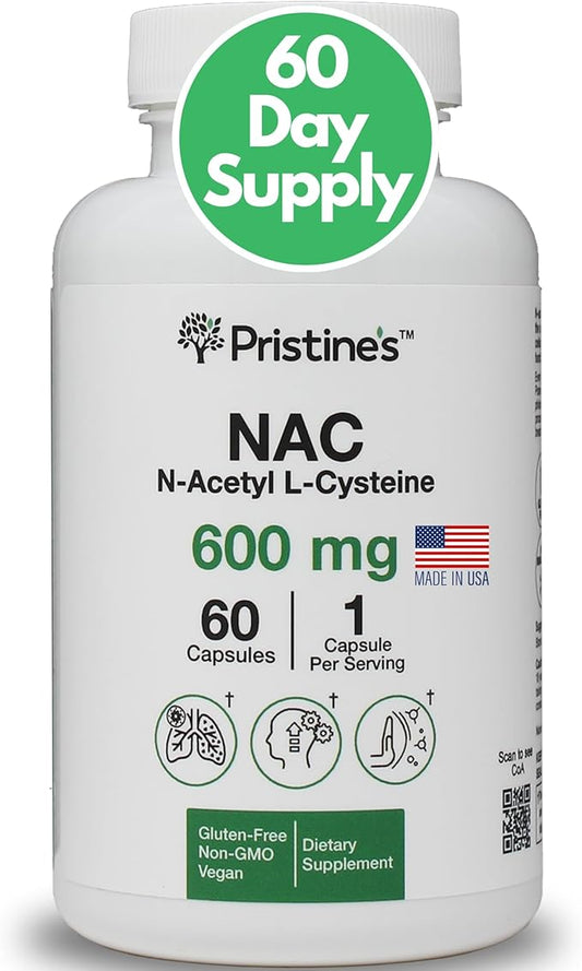 PRISTINE'S N-Acetyl L-Cysteine (NAC) Immunity, Lung, & Liver Support Supplement Capsules - 600MG 60 Day Supply - Potent Antioxidant - Vegan, Gluten Free, Non GMO