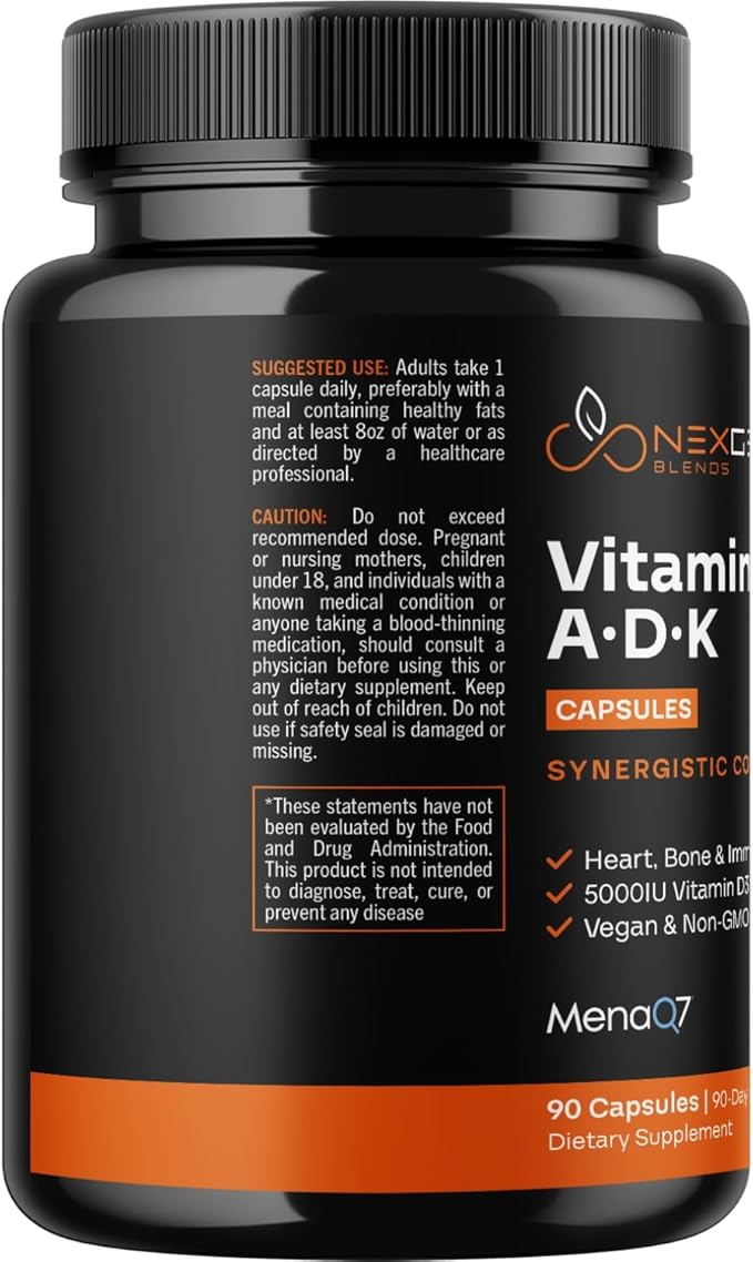 High Absorption ADK Vitamin Supplement - Vegan Vitamin D3 K2 MK7 & A for Calcium Regulation plus Bone Heart Thyroid & Immune Support - Vitamin ADK with 5000IU D3 Non GMO & Gluten Free (3 Months)