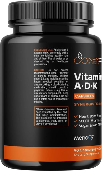 High Absorption ADK Vitamin Supplement - Vegan Vitamin D3 K2 MK7 & A for Calcium Regulation plus Bone Heart Thyroid & Immune Support - Vitamin ADK with 5000IU D3 Non GMO & Gluten Free (3 Months)