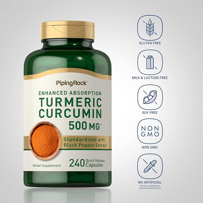 Piping Rock Turmeric Curcumin with Black Pepper 500 mg | 240 Capsules | Bioperine Supplement | Standardized Complex Extract | Non-GMO, Gluten Free