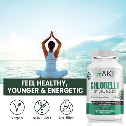 AKI Chlorella Superfood Supplement Tablets (250) - Green Superfood Fount of Vitamin B12, Iron & Protein - Ideal in GMO Free & Vegan Friendly