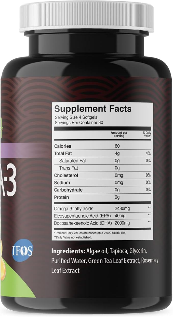 Ultimate Strength Plant Based Omega 3 Supplement 2480mg, Vegan Omega 3 Fatty Acid Supplements, 2000mg High DHA & EPA from Algae Oil, Vegetarian Omega3 Supplement, 120 Softgels, Unflavored