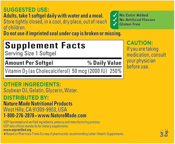 Nature Made Vitamin D3 2000iu 320 Ct. Soft Gels (Packaging May Vary)